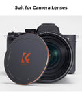 82mm Magnetic Thread Lens Filter Cap on camera, showcasing 2-in-1 design for quick swaps and full lens protection, front view