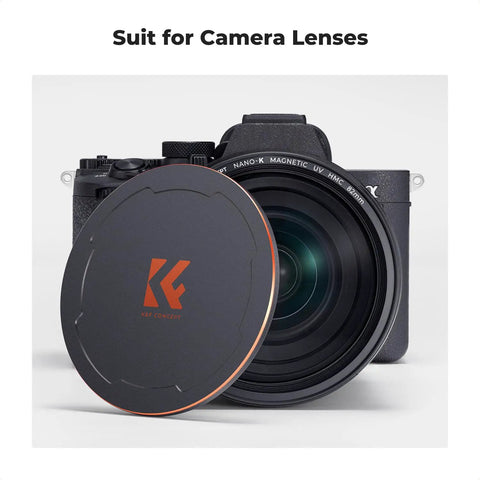 82mm Magnetic Thread Lens Filter Cap on camera, showcasing 2-in-1 design for quick swaps and full lens protection, front view