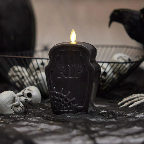 Dope Flameless Dual Moving Flame Skeleton Skull Candle With Real Wax Look LED Unscented Nightlight Timer in gothic decor setup
