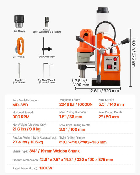 Magnetic Drill Press 1200W For Metalwork With 1.5 Inch Boring Diameter And 900 RPM Weldon Shank Solid Magnetic Hold components