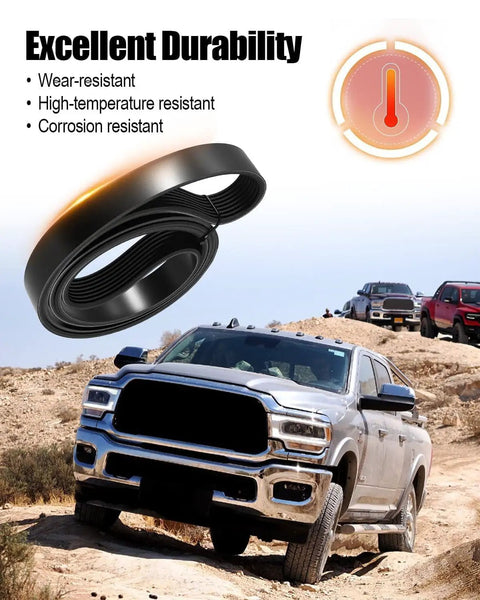 Heavy Duty Serpentine Drive Belt For Dodge Ram 2500 And 3500 Trucks 1994-2002 With 5.9L V8 Engine displayed with durability highlights.