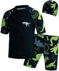 Boys Swim Set With UPF50 Long Sleeve Zip Rash Guard And Quick Dry Trunks 4 Way Stretch Beachwear For Swim Lessons Water Park And Beach Ages 4 To 12 Black featuring black and green dinosaur pattern