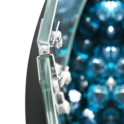 Close-up of Round Gas Fire Pit Glass Wind Guard For 23 Inch Round Pits, Clear Tempered Glass Flame Shield with blue reflections