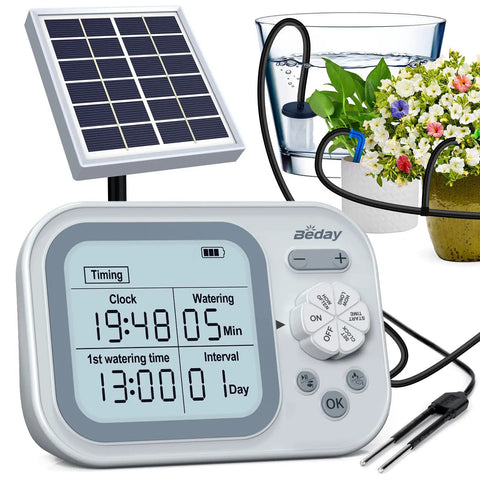 Smart Auto Drip Irrigation System For 15 Potted Plants, Self Watering Waterer For Indoor And Outdoor Gardens, control panel and solar panel