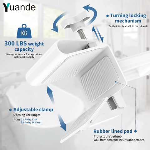 Heavy Duty Stainless Steel Bathtub Safety Rail With Rock Solid Adjustable Tub Handle For Bathrooms Featuring Oil Rubbed White Finish and details on adjustable clamp.