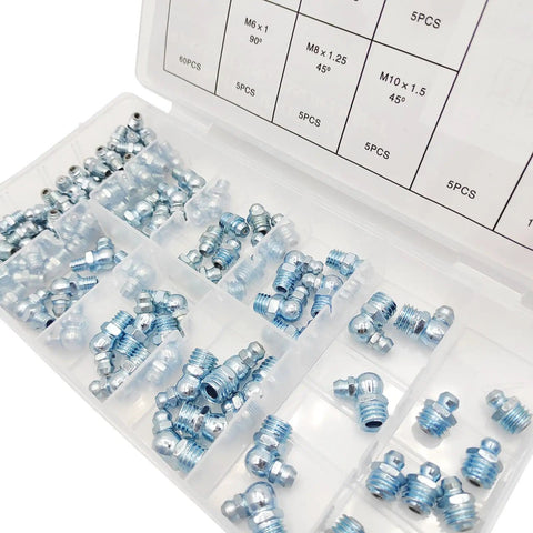 110 Piece Metric Grease Fittings Kit With Standard Straight 45 Degree And 90 Degree Angled Zerk Nipples in organized case
