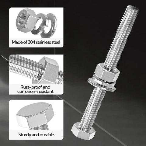 10 Pack 3/8-16 X 4 Inch 304 Stainless Steel Fully Threaded Hex Head Bolts With Sealing Washers Nuts And Wrench Included For Auto Repair And DIY Projects, with nut and washers