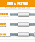 1/4-20 Hex Coupling Nut Set, Zinc-Plated Carbon Steel Rod Coupler, demonstrating connection and extension of threaded rods
