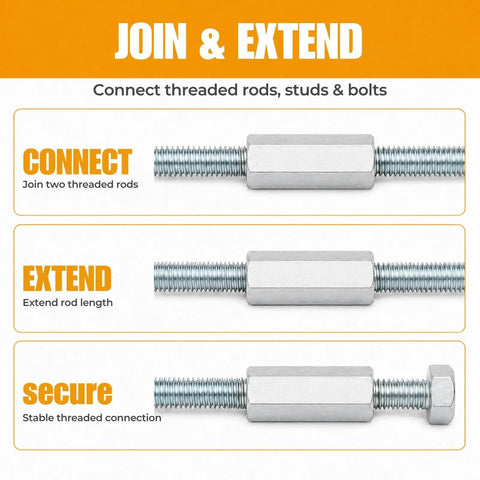 1/4-20 Hex Coupling Nut Set, Zinc-Plated Carbon Steel Rod Coupler, demonstrating connection and extension of threaded rods
