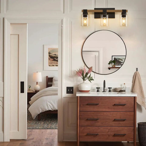 Farmhouse 3 Light Vanity Fixture With Rustic Wood And Clear Glass Shades For Bathroom Bedroom Or Hallway, over bathroom mirror.