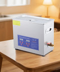 6.5 Liter Commercial Ultrasonic Cleaner With 40khz Kick And Built In Heater Hella Effective At Jewelry Watches Lab Parts Stainless Steel Tank Digital Timer Controls on wooden table.