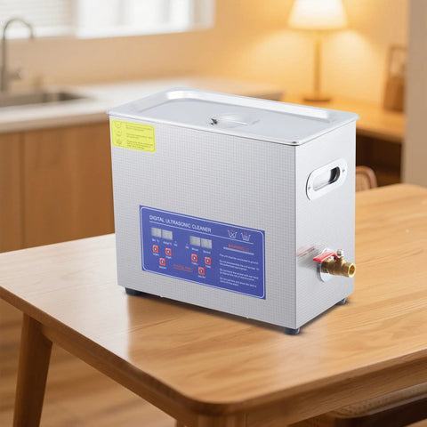 6.5 Liter Commercial Ultrasonic Cleaner With 40khz Kick And Built In Heater Hella Effective At Jewelry Watches Lab Parts Stainless Steel Tank Digital Timer Controls on wooden table.