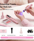 Lightweight Cordless Nail Drill With Handheld UV Lamp Beginner Gel Manicure Kit featuring nail art tools and gel products.