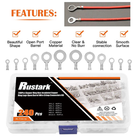 Six Size Copper Ring Crimp Terminals Kit 240 Pcs Non Insulated O Type Open Barrel Wire Lugs for Auto Motorcycle Boat Projects