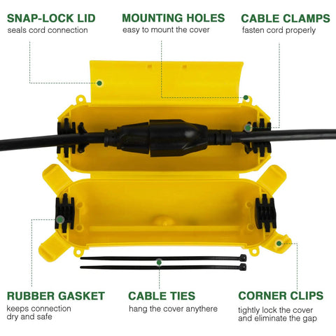 Heavy Duty Outdoor Extension Cord Safety Cover With Waterproof Seal Weatherproof Plug Protector Sleeve For Holiday Lights And Yard Decor 3 Pack, yellow design with rubber gasket, cable ties, and mounting features.
