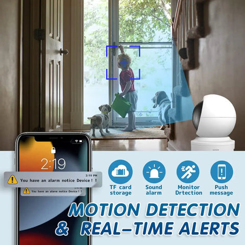 2K HD Pan Tilt Indoor Wireless Pet Camera For Baby Monitor And Nanny Cam detects motion with real-time alerts displayed on phone.