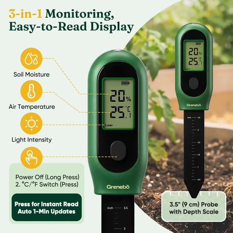 3-In-1 Digital Plant Care Meter With Soil Moisture, Temperature And Sunlight Sensor in garden, large LCD display shown