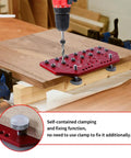 Pro Level 7 Hole Shelf Pin Jig And 2 In 1 Cabinet Hinge Boring Guide Set on a workbench with a drill, showcasing self-contained clamping.