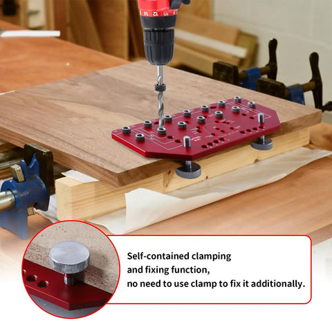 Pro Level 7 Hole Shelf Pin Jig And 2 In 1 Cabinet Hinge Boring Guide Set on a workbench with a drill, showcasing self-contained clamping.