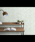 Killer Blue Green Modern Wallpaper With Hella Smooth Matte Linen Finish And Totally Eco Safe Build Built Damn Solid For Any Kitchen Bathroom Or Commercial Space Featuring Pro Level Paste To Paper Application And Fresh Room Refresh Vibe on a shelf with a lamp and plants.