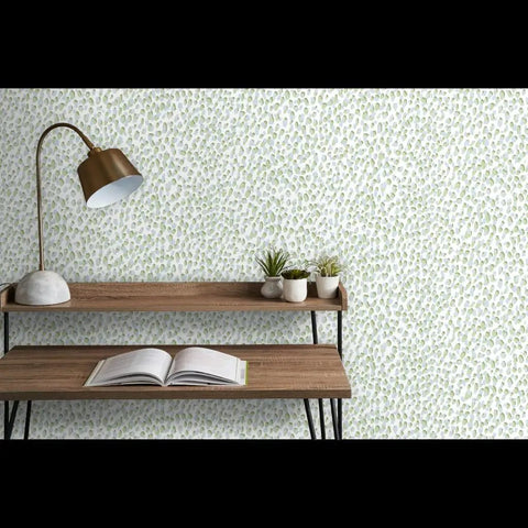 Killer Blue Green Modern Wallpaper With Hella Smooth Matte Linen Finish And Totally Eco Safe Build Built Damn Solid For Any Kitchen Bathroom Or Commercial Space Featuring Pro Level Paste To Paper Application And Fresh Room Refresh Vibe on a shelf with a lamp and plants.
