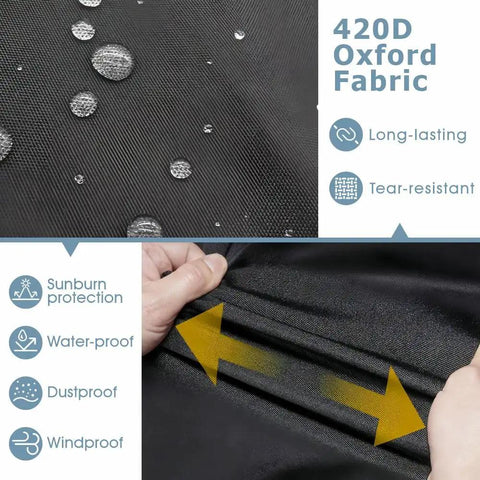 Close-up of 420D Oxford fabric showing water droplets, highlighting water-proof and tear-resistant features. Shop Ready Heavy Duty Power Miter Saw Cover Shields Your Table Saw From Sticky Resin And Dust Bunnies While Keeping The Garage Squeaky Clean With The Top Carry Loop And Snag Free Drawstring.