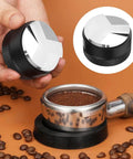 Portable Espresso Tamper Kit For 51Mm Filter Cups, showing a hand holding a metal tamper over a portafilter with ground coffee.