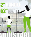 Artificial Turf Rake With Telescopic Steel Handle For Lawn Care, adjustable length 32 to 52 inches, silhouette of child and adult showing handle range.