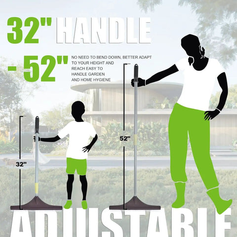 Artificial Turf Rake With Telescopic Steel Handle For Lawn Care, adjustable length 32 to 52 inches, silhouette of child and adult showing handle range.