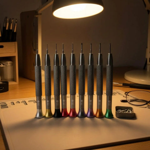 Ultimate 8 Piece Watch Repair Screwdriver Set With Hex Head Metal Shafts And Lightweight Aluminum Body arranged on a desk.