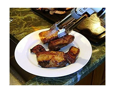 Pro Culinary Torch With Adjustable Flame Up To 2700 F torching meat on a white plate; one touch ignition in use