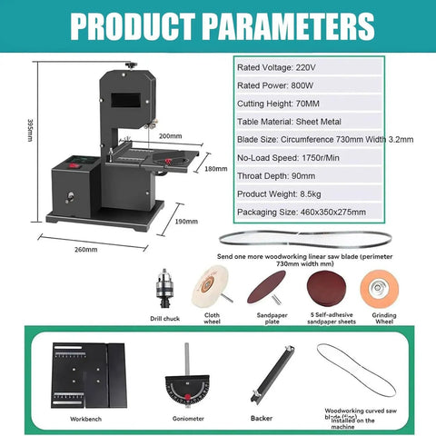 Pro Level Benchtop Bandsaw Pumping 800 Watts For Quick 70 mm Resaw Cuts Through Dense Wood Acrylic And Foam With A Zero Sweat Tilting Fence And Bull Strong Steel Table Base, displaying dimensions and features.