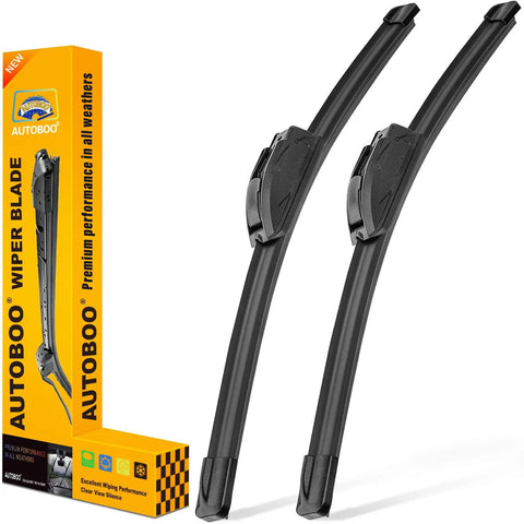 Premium All Season Windshield Wiper Blades In A 26 And 18 Inch Straight Up Two Pack displayed with packaging, designed for all weather use.