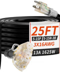 Outdoor 25 Foot Extension Cord With Three Outlets 16 Gauge 3 Conductor SJTW Weatherproof And Waterproof Power Cable
