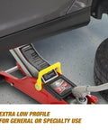 Floor Jack 2.5 Ton Hydraulic Low Profile Trolley Car Jack With Portable Storage Case And Lifting Range 3.5 To 14 Inches 360 Degree Swivel Casters Heavy Duty Steel Built Tough For Automotive Sedans Red lifting a car