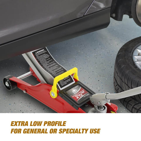 Floor Jack 2.5 Ton Hydraulic Low Profile Trolley Car Jack With Portable Storage Case And Lifting Range 3.5 To 14 Inches 360 Degree Swivel Casters Heavy Duty Steel Built Tough For Automotive Sedans Red lifting a car