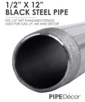 Half Inch Black Pipe Nipple Kit 12 Inch Length Six Pack For DIY Industrial Pipe Decor And Vintage Furniture Builds Malleable Cast Iron Nipples That Fit Standard Half Inch Black Threaded Pipes And Fittings shown as black steel pipe close-up