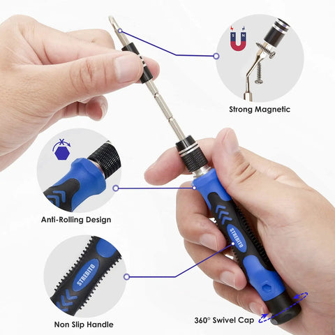 Hands holding 79 In 1 Magnetic Screwdriver Kit With 58 Bits And Anti Static Wrist Strap For Electronics Repair A Pro Grade Tool Set