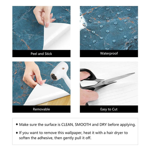 Features of Large 36 By 160 Inch Faux Cracked Marble Contact Paper For Countertops Waterproof Peel And Stick Kitchen Backsplash Dark Grey Marble Vinyl Wall Covering For Cabinets And Surfaces including peel and stick, waterproof, removable, easy to cut, shown with tools.
