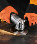 Badass 4 Inch Air Angle Grinder With Front Exhaust 10000 Rpm Pneumatic Metal Cutting And Grinding Tool in use, sparks flying.