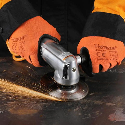 Badass 4 Inch Air Angle Grinder With Front Exhaust 10000 Rpm Pneumatic Metal Cutting And Grinding Tool in use, sparks flying.