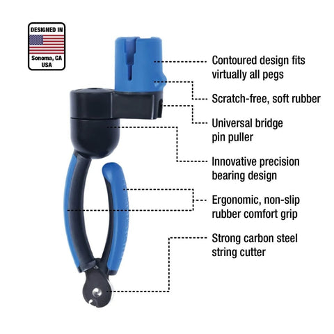 All-In-One Guitar Winder, Cutter And Bridge Pin Puller for acoustic, electric and bass guitars, showing scratch-free rubber head.