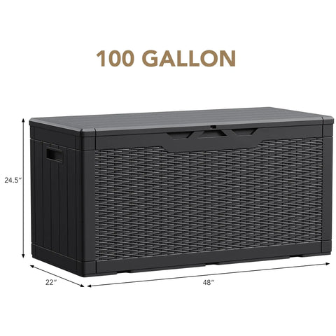 100 Gallon Waterproof Resin Deck Box With Lockable Lid For Patio Cushions And Garden Tools, Large Outdoor Storage Chest