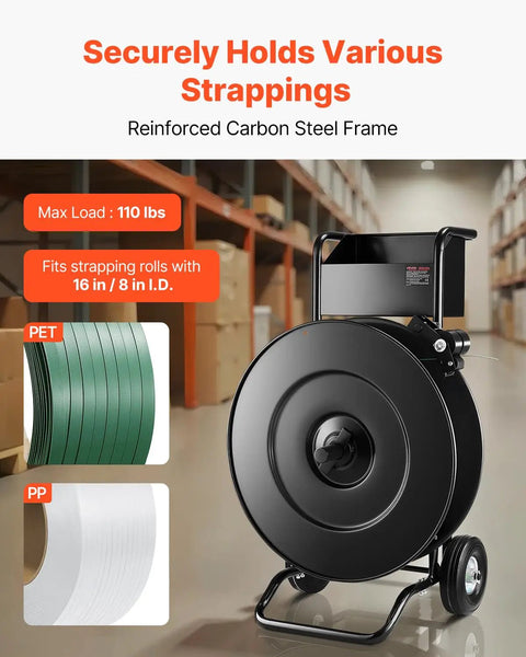 Road Ready Banding Strapping Cart For Pet And Polypropylene Coils handles 8 or 16 inch cores with carbon steel frame.