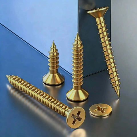 High Strength Zinc Plated Flat Head Wood Screws Rock Solid Self Tapping Hardware Set Corrosion Resistant Metal Fasteners displayed on surface.