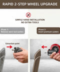 Rapid installation guide for Premium Three Inch Office Chair Wheels In Bold Red Set Of Five, showing caster removal and insertion.