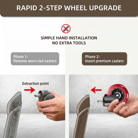 Rapid installation guide for Premium Three Inch Office Chair Wheels In Bold Red Set Of Five, showing caster removal and insertion.