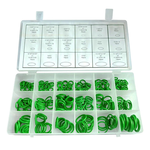 270 Piece O Ring Kit For Car Air Conditioning With 18 Sizes Made Of NBR Rubber Seals For Compressor And AC Gasket Assortment Set Built For High Temp And High Pressure Use Ready To Roll Green, organized in a white case.