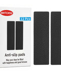 Premium Thick Furniture Pads 12 Piece Kit Features Heavy Duty Self Adhesive Non Slip Grippers That Stay Locked Down And Prevent Couches From Slipping On Wood Floors, black anti-slip pads in packaging.