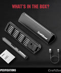 Mini Electric Screwdriver Set With 0.5 Nm Torque And 20 Precision S2 Steel Bits Featuring Bright Led Work Light And Magnetic Tray. Pack contents on black background.